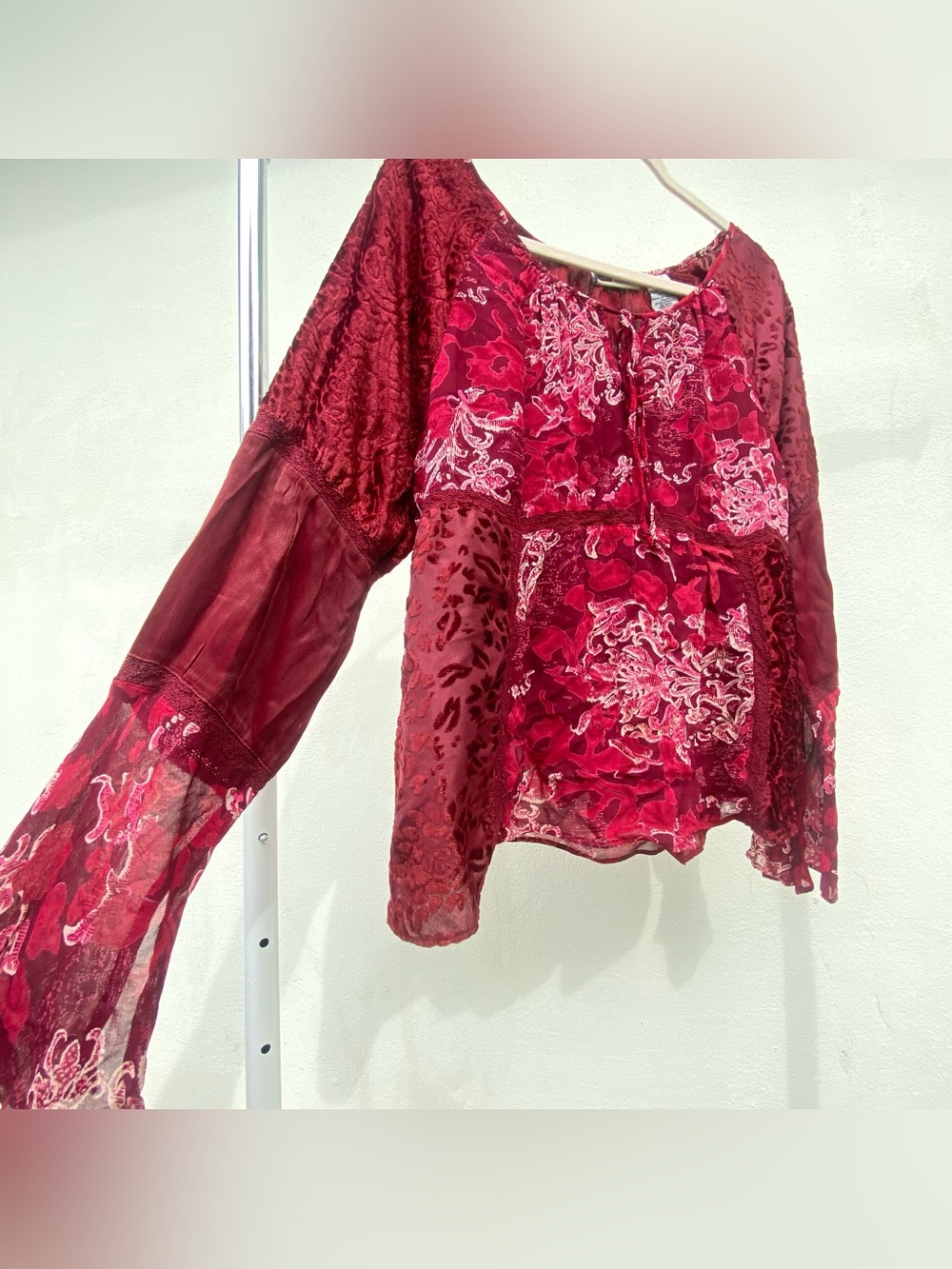 Y2K Burgundy Red Mixed Media Floral Burnout Velvet Fairy Top Size XL